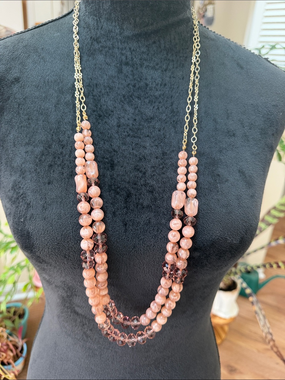 Charming Charlie Goldtone Pink Beaded 2 Layer Necklace
